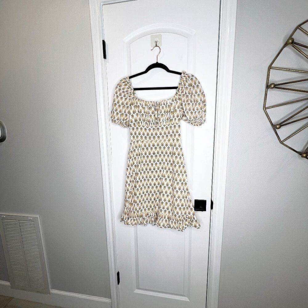 Dizzy Lizzy Shirred Floral Print Mini Dress Size M Cotton White Yellow